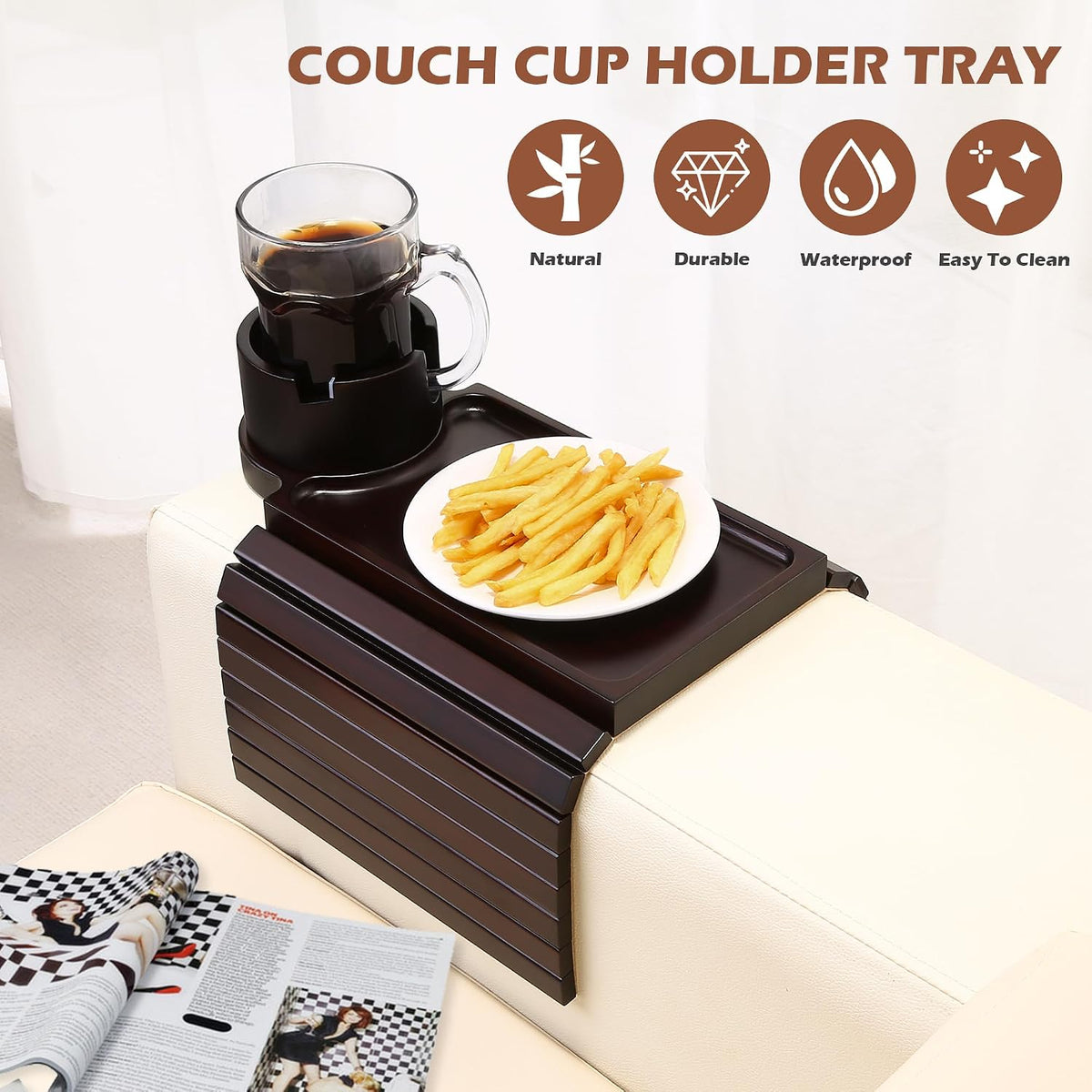 GHKINMAL Couch Cup Holder Tray,Sofa Clip on Arm Table,Black Walnut-Bamboo