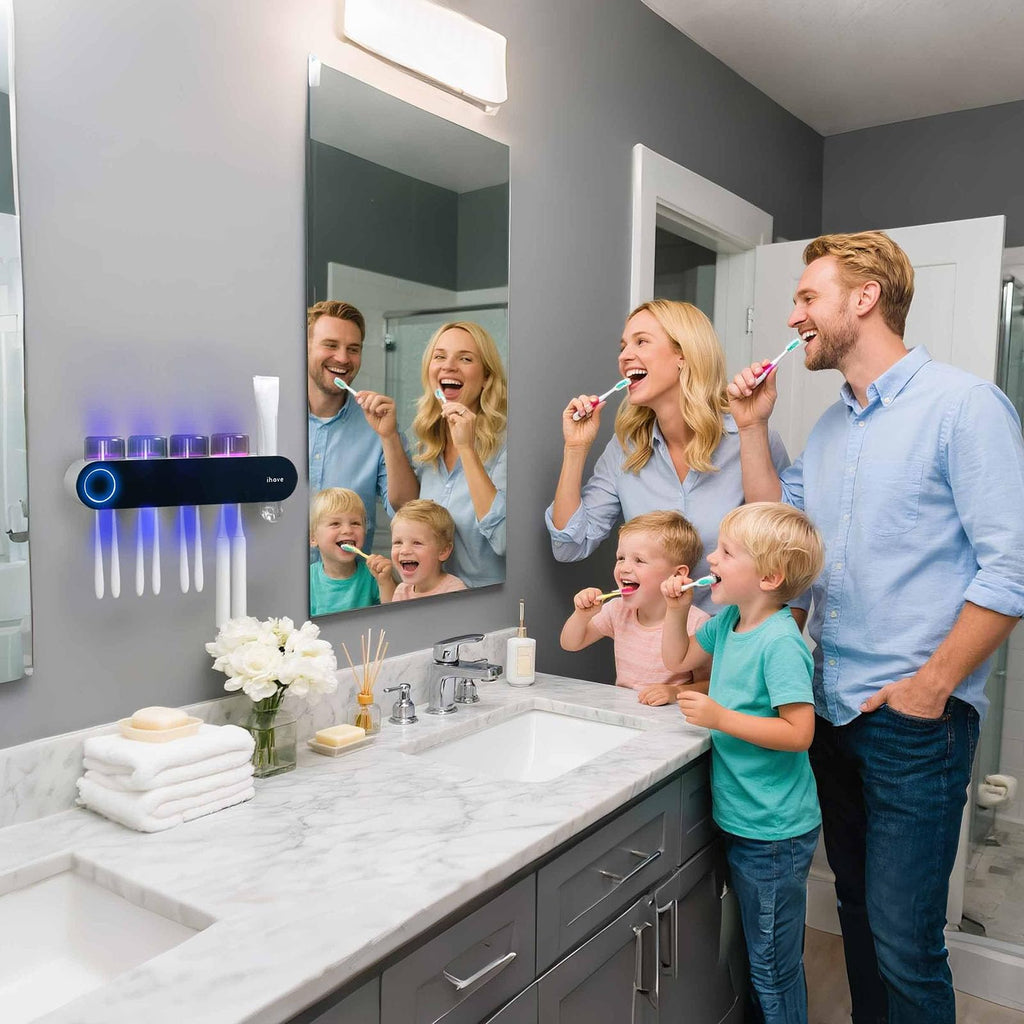 iHave UV Toothbrush Sanitizer Holder Wall Mount Toothpaste Dispenser, 3-Cup