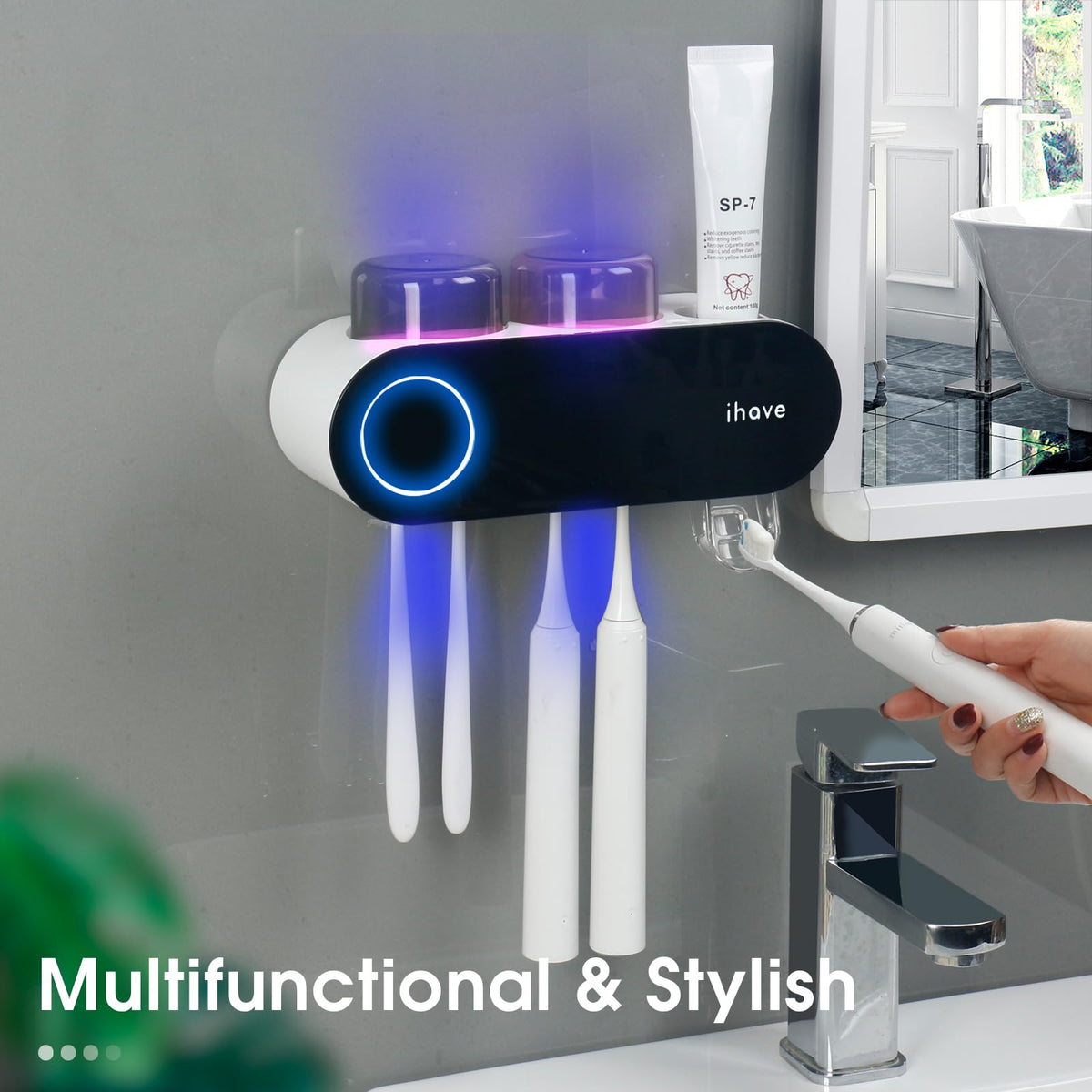 iHave UV Toothbrush Sanitizer Holder Wall Mount Toothpaste Dispenser, 3-Cup