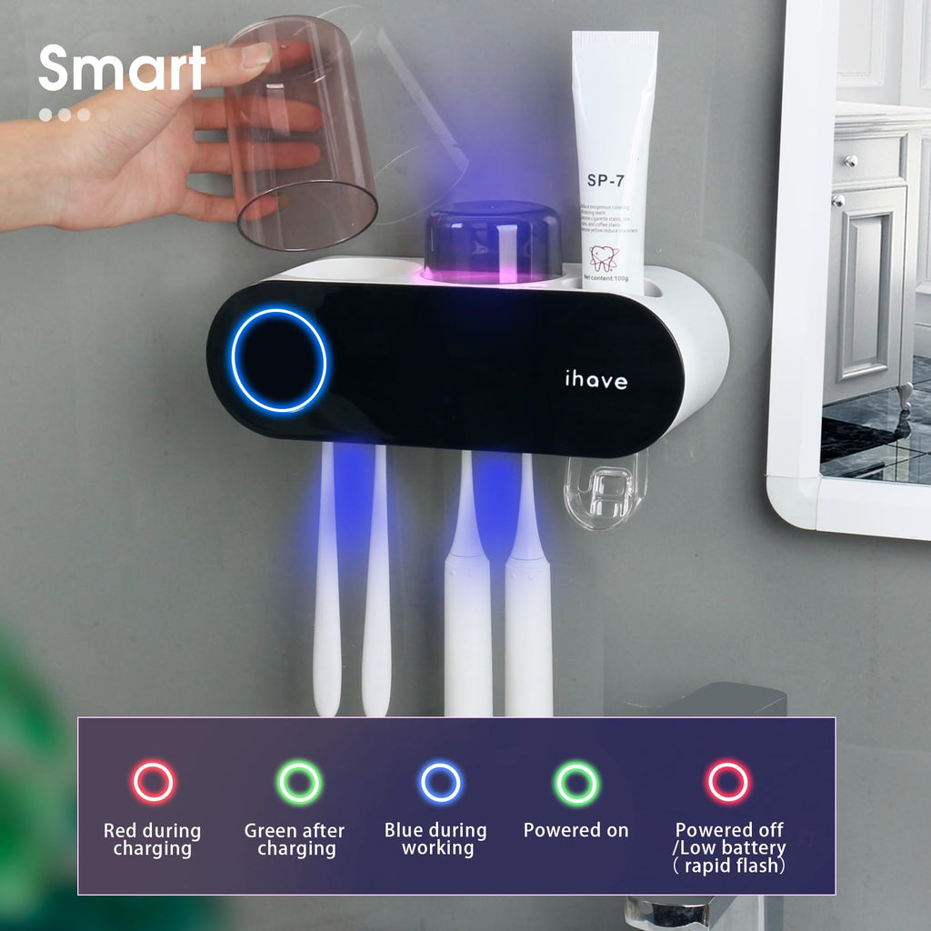 iHave UV Toothbrush Sanitizer Holder Wall Mount Toothpaste Dispenser, 3-Cup