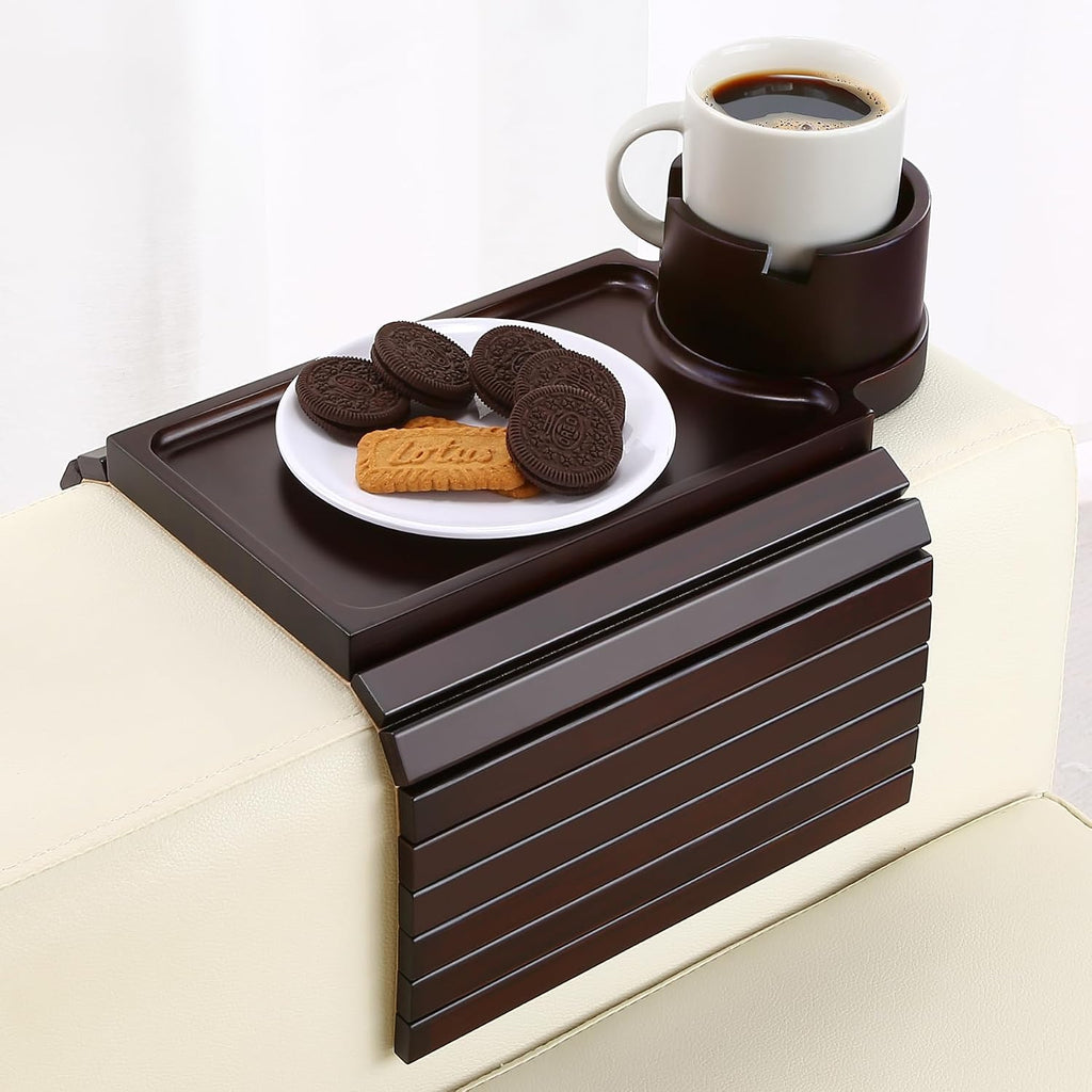 GHKINMAL Couch Cup Holder Tray,Sofa Clip on Arm Table,Black Walnut-Bamboo
