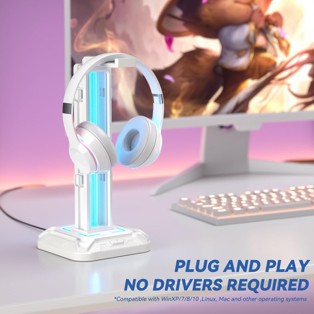 KDD RGB Headset Stand with 9 Light Modes - Controller Holder for Desk - Rotatable Headphone Stand & Detachable Controller Hook for PC Earphone Accessories(Black)