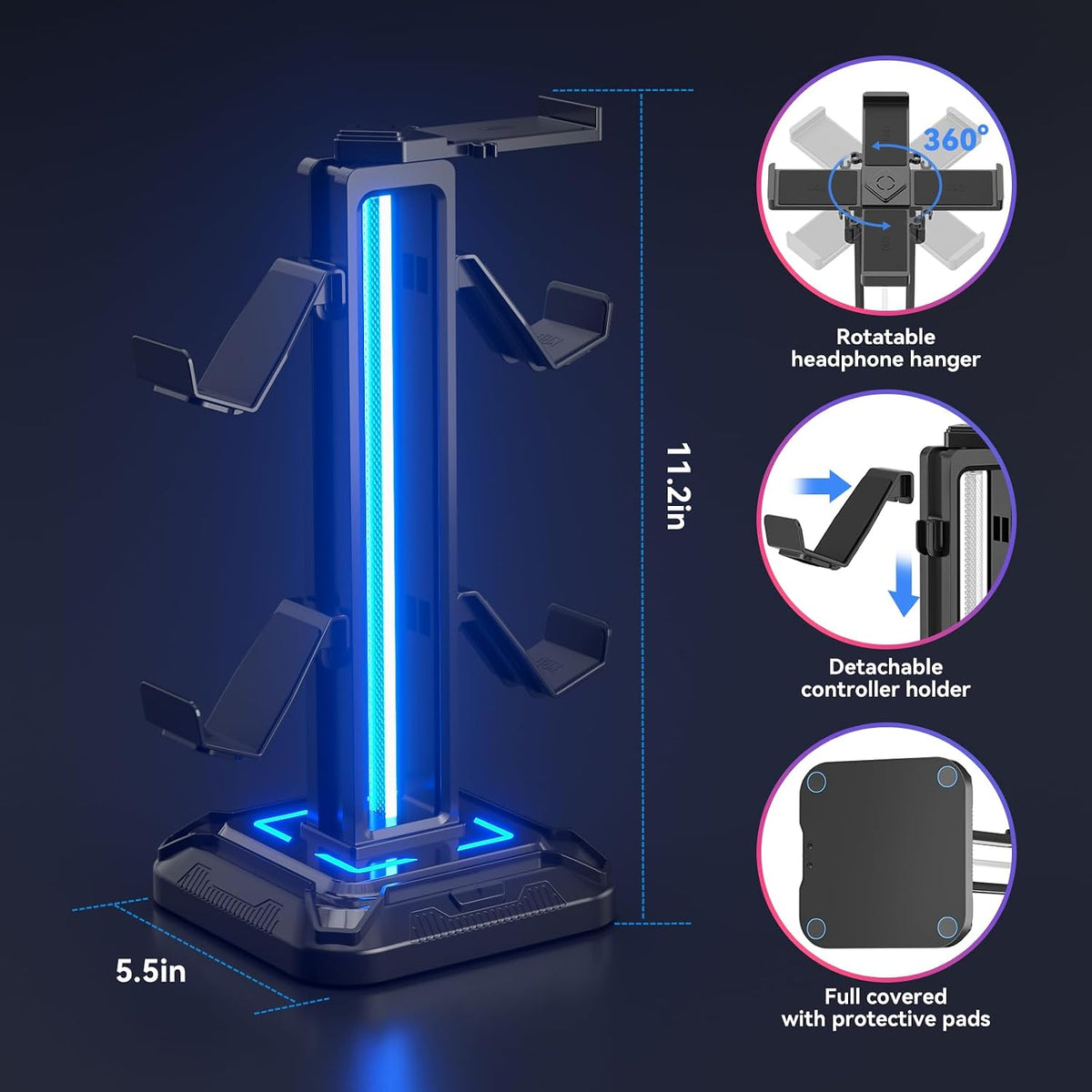 KDD RGB Headset Stand with 9 Light Modes - Controller Holder for Desk - Rotatable Headphone Stand & Detachable Controller Hook for PC Earphone Accessories(Black)