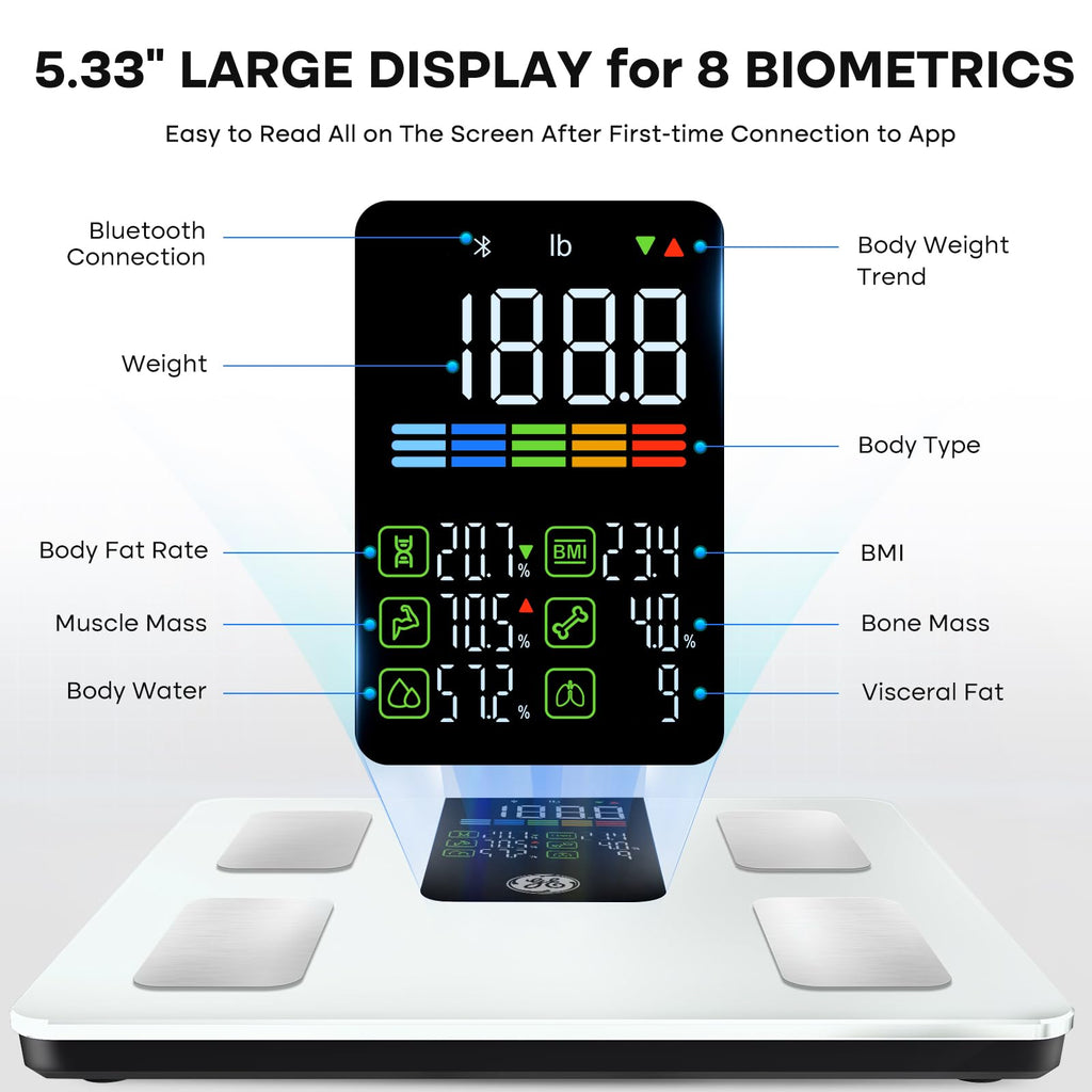 GE Smart Scale for Body Composition, Weight, BMI, 500lb, Large 11.8-Inch