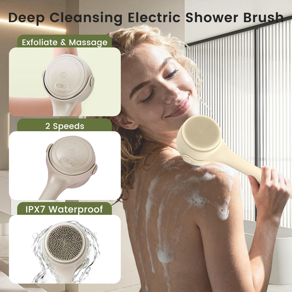 Electric Back Scrubber for Shower - Waterproof Rechargeable Exfoliating Brush for Deep Cleansing, Soft Bristles for Sensitive Skin, Dry/Wet Use for Back, Arms & Legs