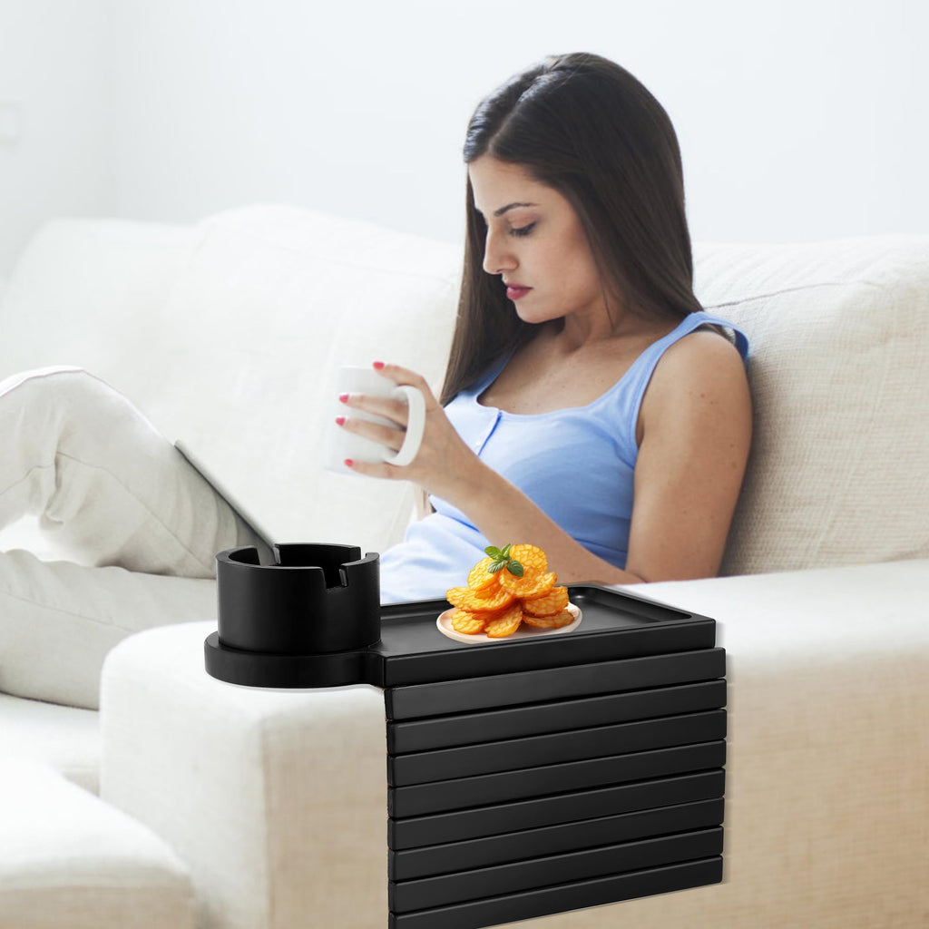 GHKINMAL Couch Cup Holder Tray,Sofa Clip on Arm Table,Black Walnut-Bamboo