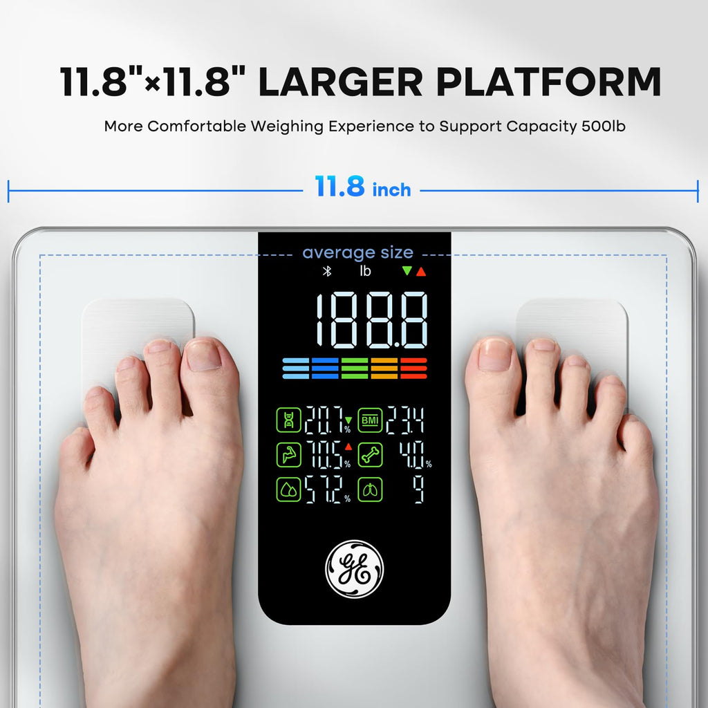 GE Smart Scale for Body Composition, Weight, BMI, 500lb, Large 11.8-Inch