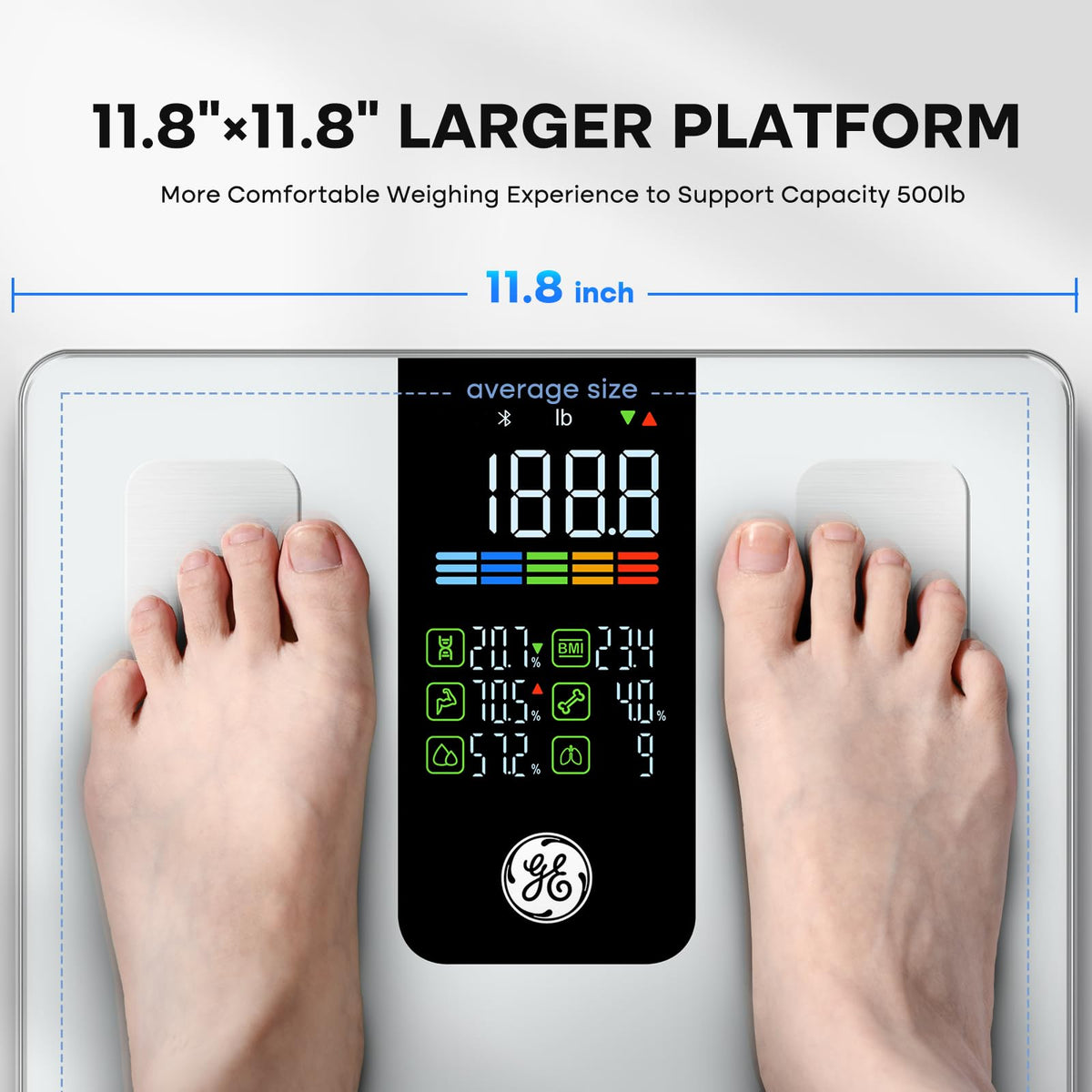 GE Smart Scale for Body Composition, Weight, BMI, 500lb, Large 11.8-Inch