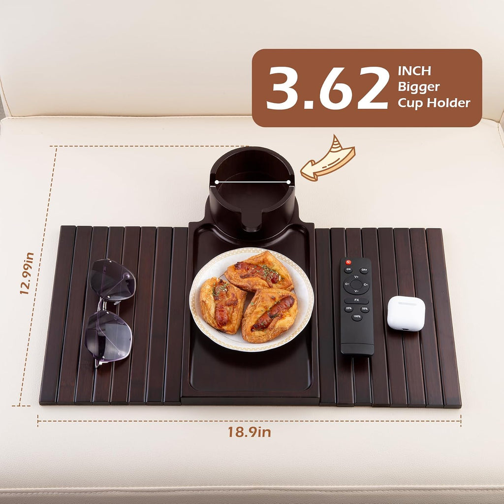 GHKINMAL Couch Cup Holder Tray,Sofa Clip on Arm Table,Black Walnut-Bamboo
