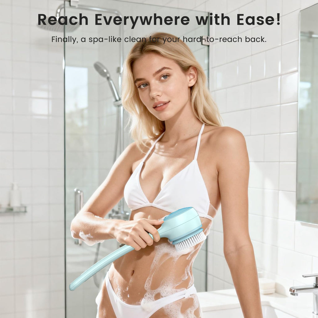 Electric Back Scrubber for Shower - Waterproof Rechargeable Exfoliating Brush for Deep Cleansing, Soft Bristles for Sensitive Skin, Dry/Wet Use for Back, Arms & Legs
