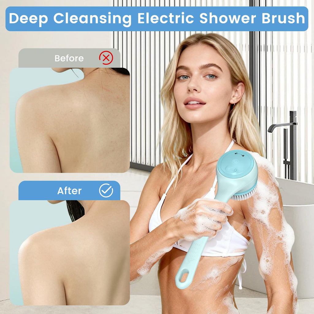 Electric Back Scrubber for Shower - Waterproof Rechargeable Exfoliating Brush for Deep Cleansing, Soft Bristles for Sensitive Skin, Dry/Wet Use for Back, Arms & Legs