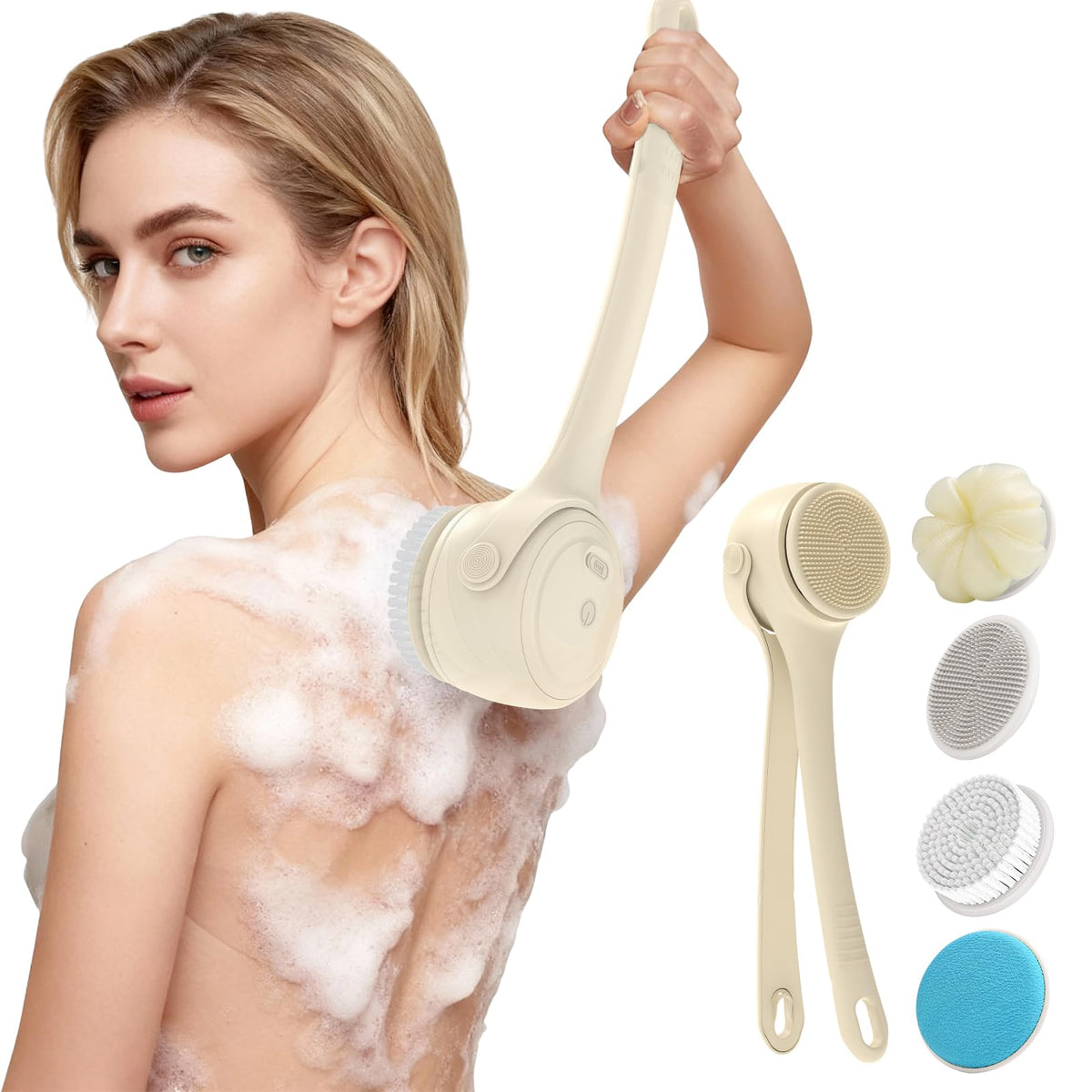 Electric Back Scrubber for Shower - Waterproof Rechargeable Exfoliating Brush for Deep Cleansing, Soft Bristles for Sensitive Skin, Dry/Wet Use for Back, Arms & Legs