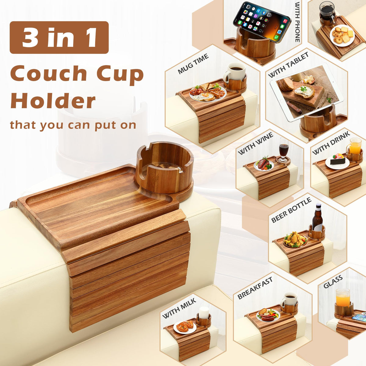 GHKINMAL Couch Cup Holder Tray,Sofa Clip on Arm Table,Black Walnut-Bamboo