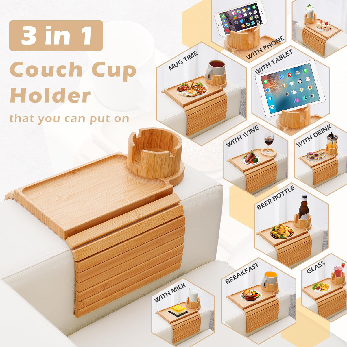 GHKINMAL Couch Cup Holder Tray,Sofa Clip on Arm Table,Black Walnut-Bamboo