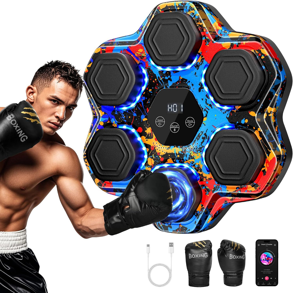 TGLLM Music Boxing Machine, Interactive Punching Trainer with Boxing Gloves, Large Size Wall Mounted Electronic Boxing Target for Adult Kids, 9 Modes & 9 Speeds