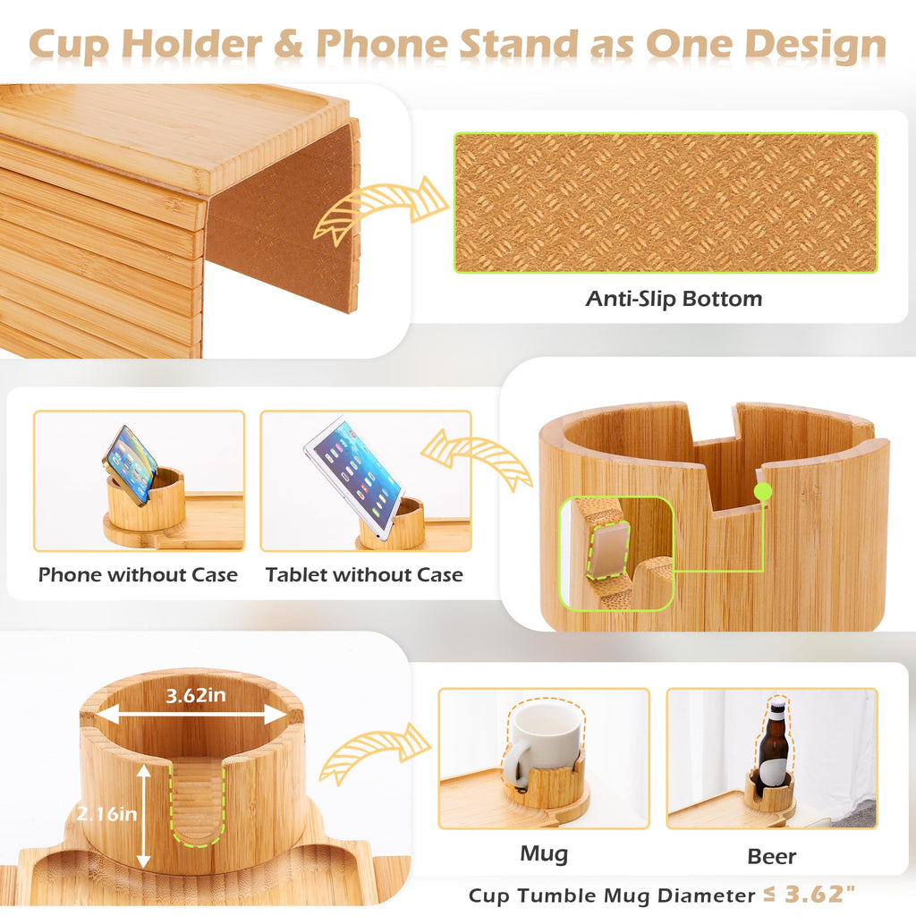 GHKINMAL Couch Cup Holder Tray,Sofa Clip on Arm Table,Black Walnut-Bamboo
