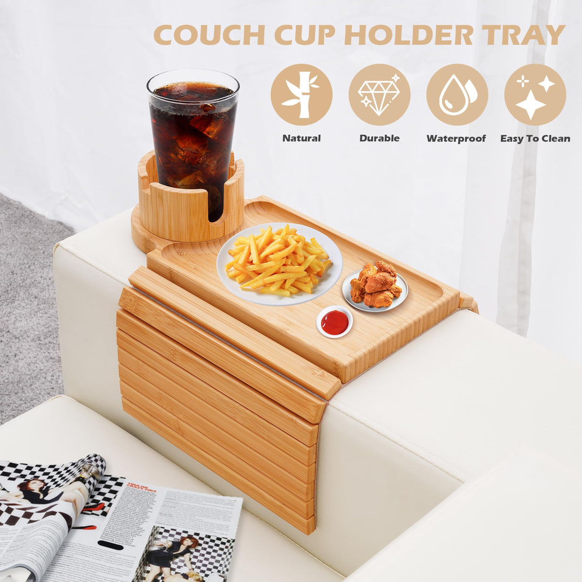 GHKINMAL Couch Cup Holder Tray,Sofa Clip on Arm Table,Black Walnut-Bamboo