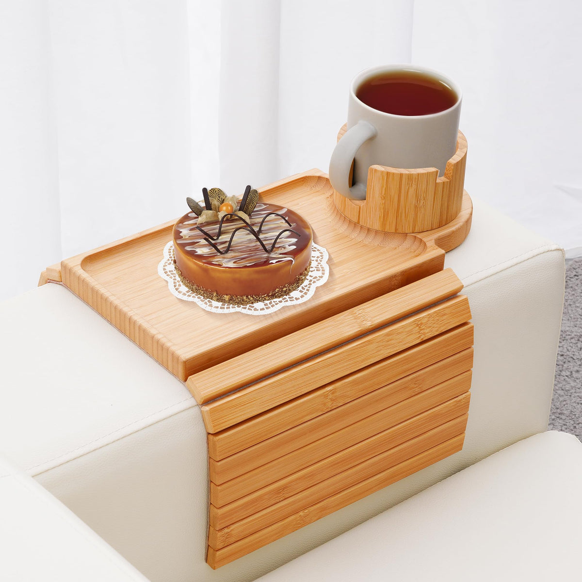 GHKINMAL Couch Cup Holder Tray,Sofa Clip on Arm Table,Black Walnut-Bamboo
