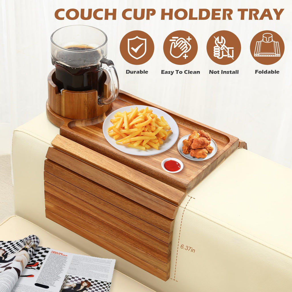 GHKINMAL Couch Cup Holder Tray,Sofa Clip on Arm Table,Black Walnut-Bamboo