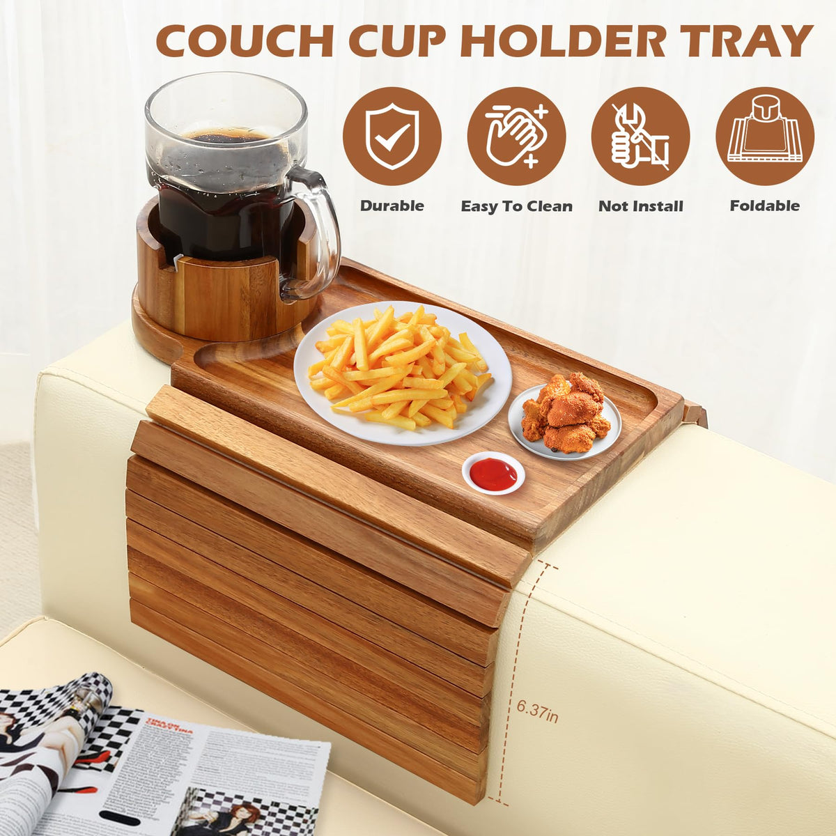 GHKINMAL Couch Cup Holder Tray,Sofa Clip on Arm Table,Black Walnut-Bamboo