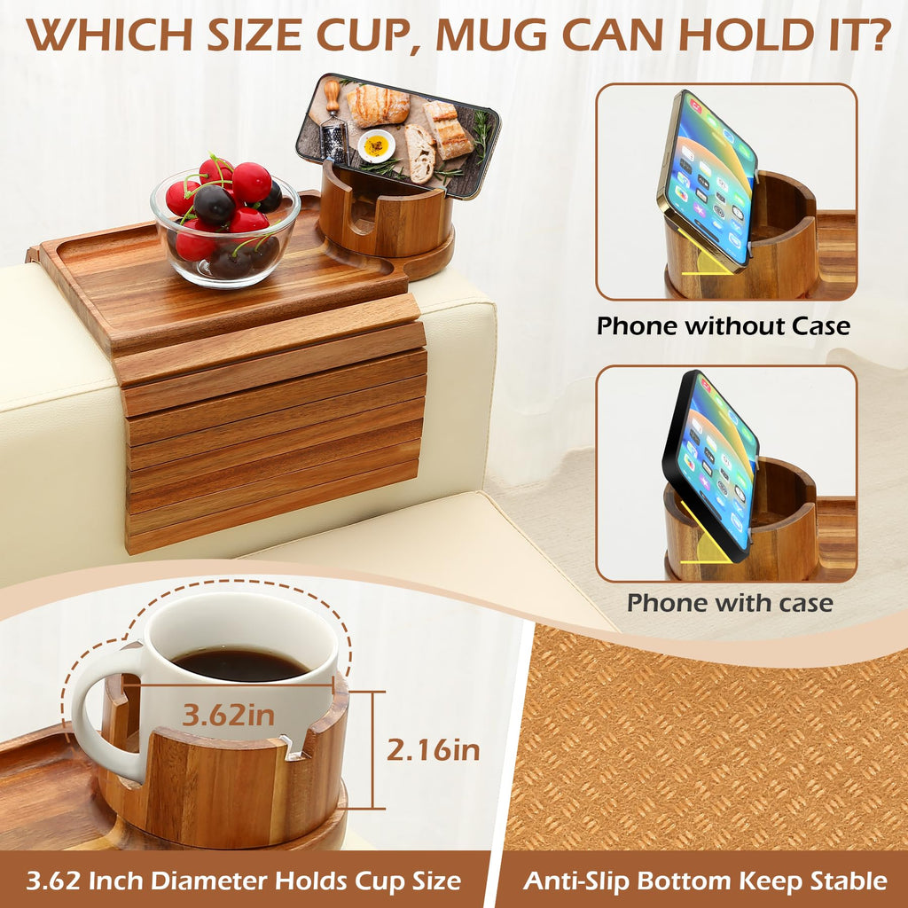 GHKINMAL Couch Cup Holder Tray,Sofa Clip on Arm Table,Black Walnut-Bamboo