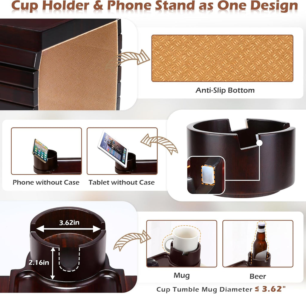 GHKINMAL Couch Cup Holder Tray,Sofa Clip on Arm Table,Black Walnut-Bamboo