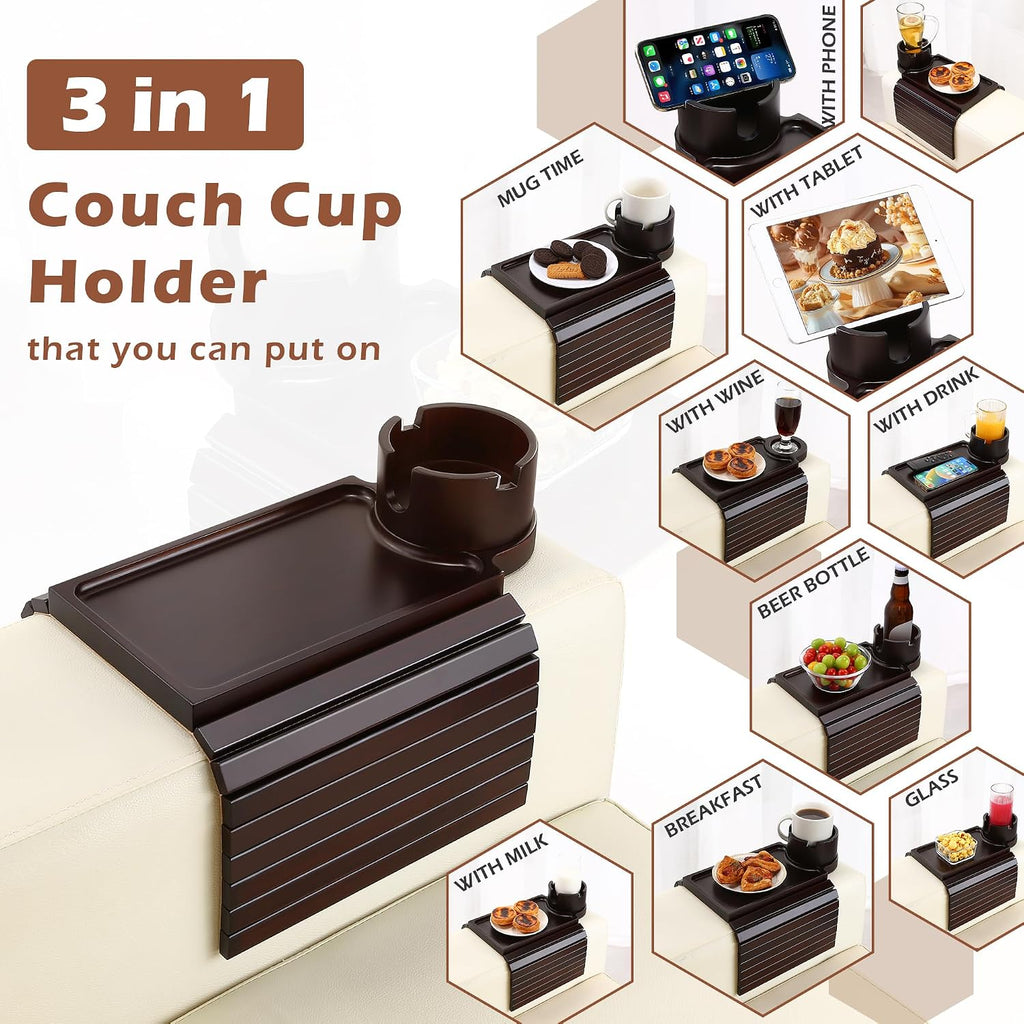 GHKINMAL Couch Cup Holder Tray,Sofa Clip on Arm Table,Black Walnut-Bamboo